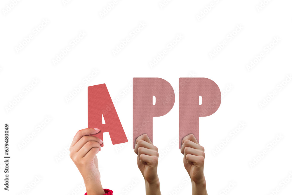 Poster digital png illustration of hands with app text on transparent background