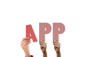 Digital png illustration of hands with app text on transparent background