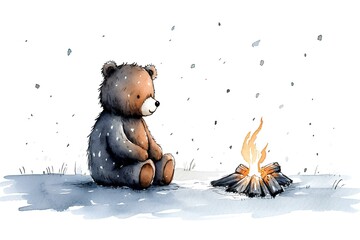 a scratched minimalist rudimentary outline scribble sketch of cute bear sitting in snowy night on campfire, heartwarming and delightful cozy scene, watercolor. generative AI - obrazy, fototapety, plakaty