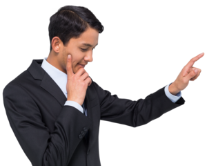 Digital png photo of thinking biracial businessman pointing finger on transparent background