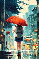 A pretty girl holding an umbrella on a rainy day.
Generative AI