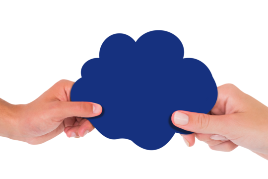Digital png photo of hands holding navy blue paper cloud on transparent background