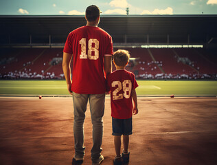  father and son from behind looking at a football stadium