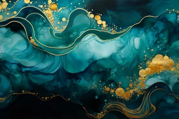 Foto op Canvas Blue, gold Christmas waves background. Flowing wavy special effect teal and malachite abstract waves fantasy backdrop. Magic family Holiday modern art, happy fairytale green waves for copy space © Vita