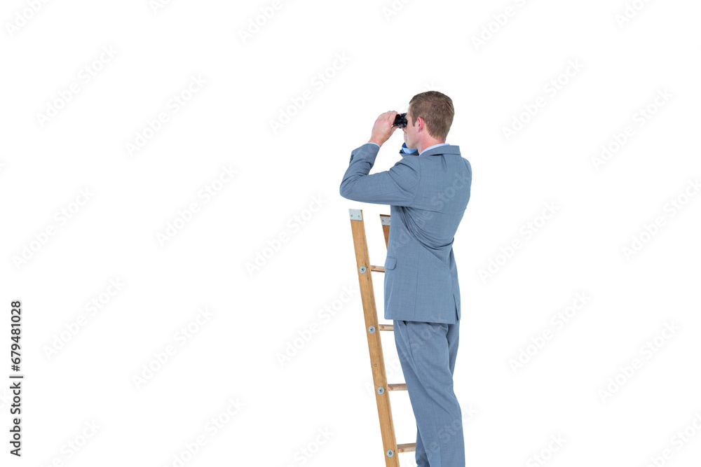 Poster digital png photo of elegant man standing on ladder and using binoculars on transparent background
