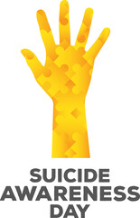 Digital png illustration of suicide awareness day text and yellow hand on transparent background