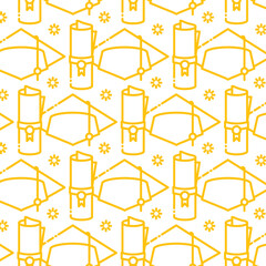 Digital png illustration of yellow graduation caps and diplomas repeated on transparent background