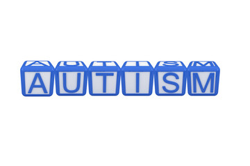 Digital png illustration of white and blue cubes with autism text on transparent background