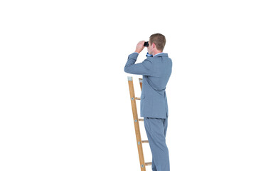 Digital png photo of elegant man standing on ladder and using binoculars on transparent background