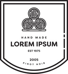 Digital png illustration of badge with lorem ipsum text and barrels on transparent background