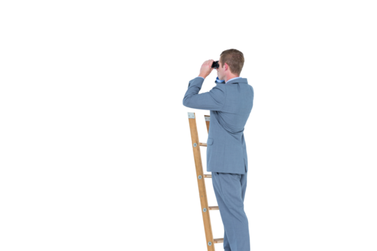 Digital png photo of elegant man standing on ladder and using binoculars on transparent background - Powered by Adobe