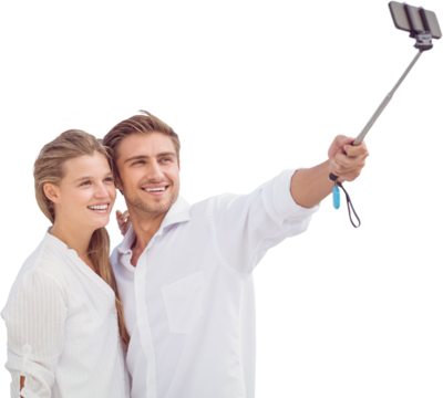 Digital png photo of happy caucasian couple doing selfie with smartphone on transparent background