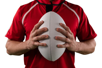 Digital png photo of mid section of caucasian rugby player holding ball on transparent background