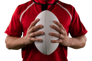Digital png photo of mid section of caucasian rugby player holding ball on transparent background