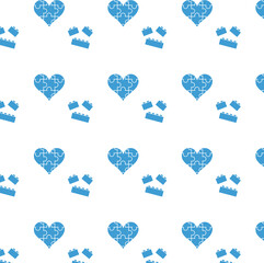 Digital png illustration of blue puzzle hearts and blocks repeated on transparent background
