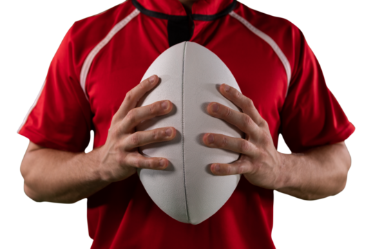 Digital png photo of mid section of caucasian rugby player holding ball on transparent background