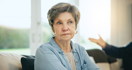 Fight, senior woman or angry couple argue with stress for marriage problem, breakup or bad divorce....
