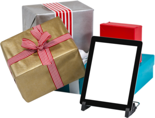 Digital png illustration of tablet with presents on transparent background