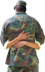 Digital png photo of back of caucasian soldier embracing his wife on transparent background