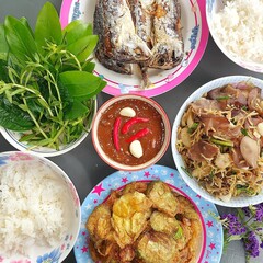 Varieties of rice and types of food combined in one, Thai food.