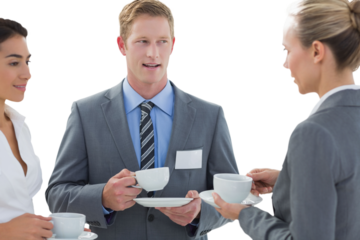 Digital png photo of diverse business people drinking coffee and talking on transparent background
