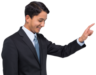 Digital png photo of happy biracial businessman pointing on transparent background