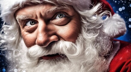 santa claus with christmas decorations, christmas scene, santa claus face  on christmas background, christmas gifts