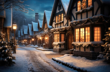 Fototapeta na wymiar Christmas in a peaceful snowy setting, Charming village comes to life with the twinkling.
