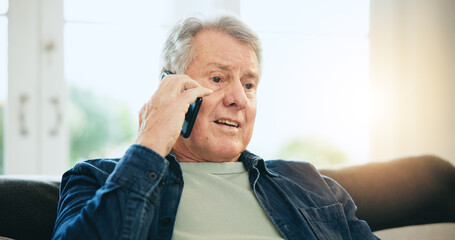 Home, phone call and senior man with conversation, network and speaking with discussion. Apartment, elderly person and pensioner with a smartphone, relax and communication with digital app and idea