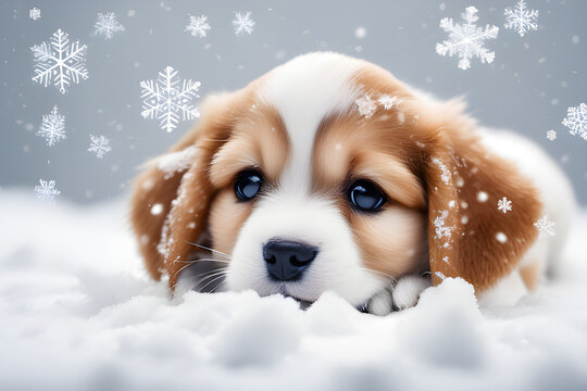 Cute puppy catching snow in winter. Generative AI