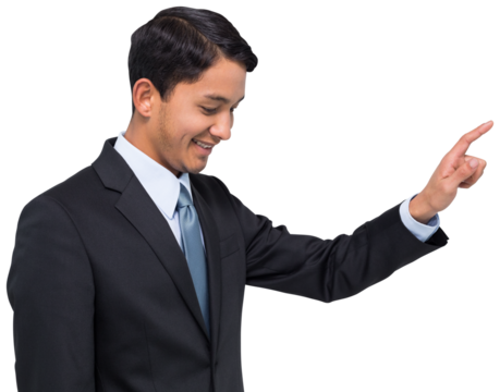 Digital png photo of happy biracial businessman pointing on transparent background