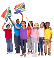 Digital png photo of diverse children with flags of south africa on transparent background