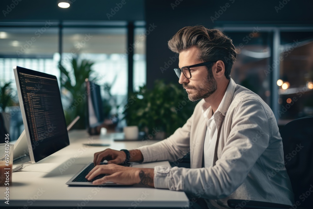 Poster confident businessman working on laptop is busy coder typing application modern gadget in workplace.