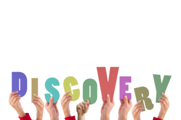 Digital png illustration of hands with discovery text on transparent background