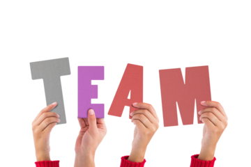 Digital png illustration of hands with team text on transparent background