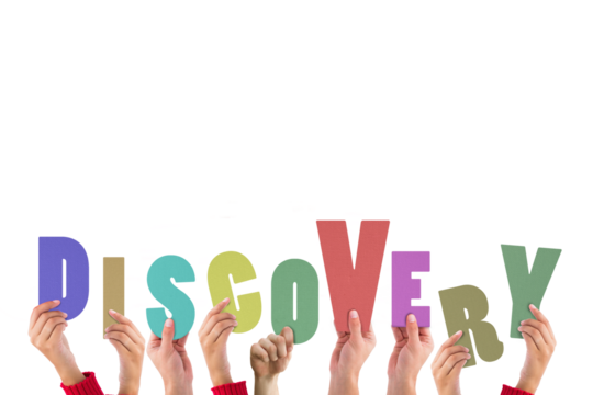 Digital png illustration of hands with discovery text on transparent background