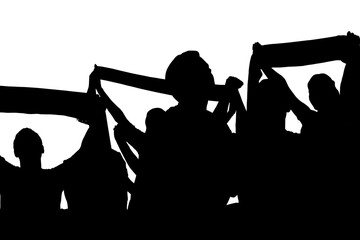 Digital png illustration of silhouettes of people holding scarfs on transparent background