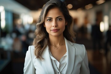 Naklejka premium Confidence female executive standing in a modern office, Radiating leadership and success.