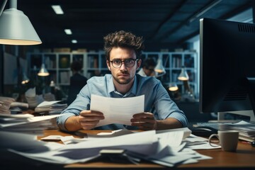 Fototapeta premium Exhausted businessman working late with papers and computer at workplace.