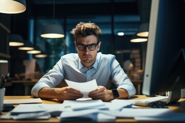 Exhausted businessman working late with papers and computer at workplace.