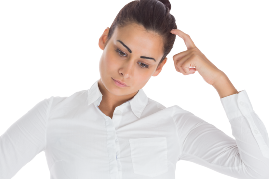 Digital png photo of biracial businesswoman thinking on transparent background - Powered by Adobe