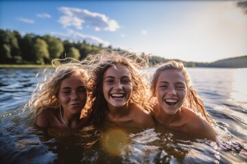 Happy three teenage girls swimming in a lake. - Powered by Adobe