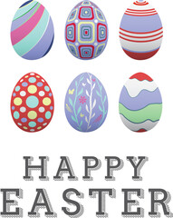 Digital png illustration of colourful eggs with happy easter text on transparent background