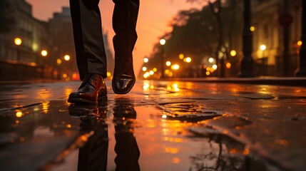 A businessman walking on a wet floor against the rising sun represents the concept of new hope for success. - obrazy, fototapety, plakaty
