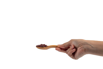 Red kidney beans on spoon wooden and hand on transparent background