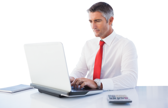 Digital png photo of caucasian businessman using laptop at desk on transparent background - Powered by Adobe