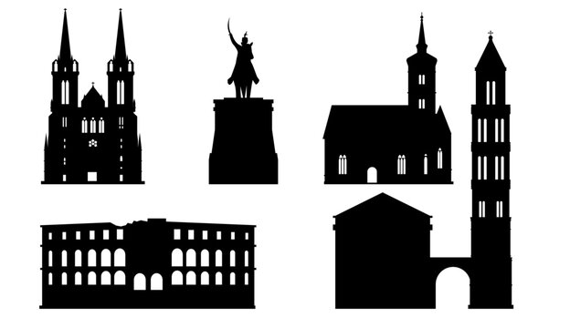 Silhouettes of tourist attraction landmarks in Croatia ,vector illustration.