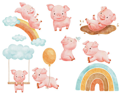 Cute piggy playing in puddle and flying with balloon. Hand drawn watercolor illustrations set isolated on white background. Funny Farm animal pig clipart for kids