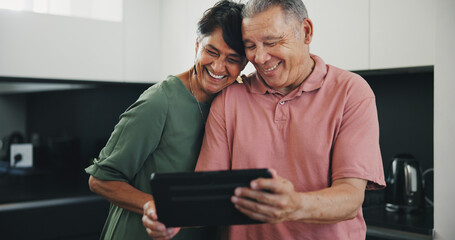 Senior couple, tablet and video call for social conversation, kitchen and lunch time. Grandparents, technology and communication with family, man and woman in retirement, happiness and connection