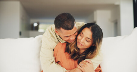 Couple, happy and living room sofa with hug, marriage and embrace with eyes closed. Home, joyful...